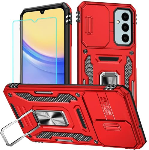 for Samsung A15 Phone Case with Screen Protector and with Camera Cover, 360°Military Grade Rotatable Kickstand (Heavy Duty) Shockproof Protective, Case for Samsung Galaxy A15 case 4G/5G (Red)