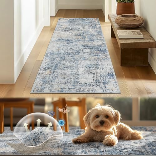 TOPICK Läufer Flur Waschbar Küche Läufer Modern Abstrakte Teppich Dünner Antibakterieller Faltbar rutschfest Teppich für Brücken Schlafzimmer Wohnzimmer Tisch Flur Eingangsbereich 60x150cm Blau