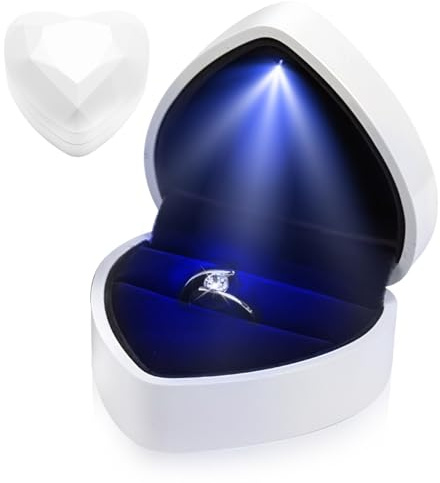 Ring Box with Light Heart Shaped Velvet Ring Box with LED Light Perfect Engagement Rings Case for Proposal Wedding Illuminated Jewelry Case Rings Storage Boxes for Display Gift Gifting (White)