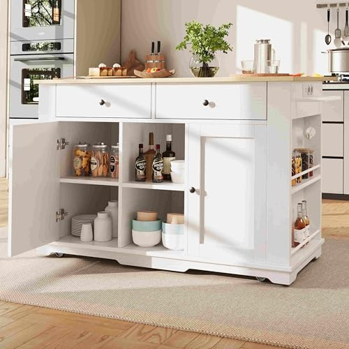 Sweiko Meuble de Salon Chariot de Cuisine Multifonctionnel avec Plan de Travail Pliable, Finition en Bois Massif, Meuble de Rangement et Tiroirs, Roues Pivotantes et Prise Intégrée pour la Cuisine