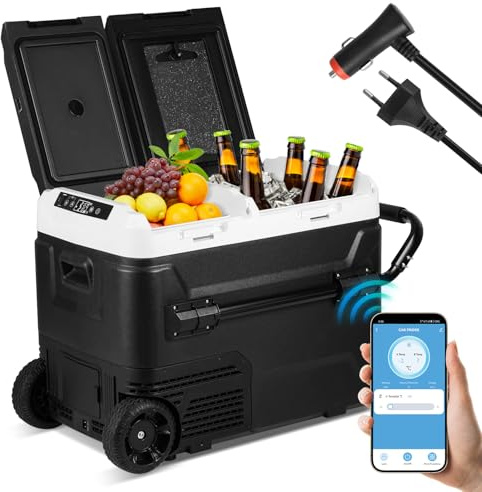 Hebitod Compressore Frigorifero Box 50L Elettrico Congelatore Due Zone e Doppie Porte Frigorifero Box 12V/24V fino a -20°C con Controllo Bluetooth, Anti Shake, Portatile per Campeggio, Camper