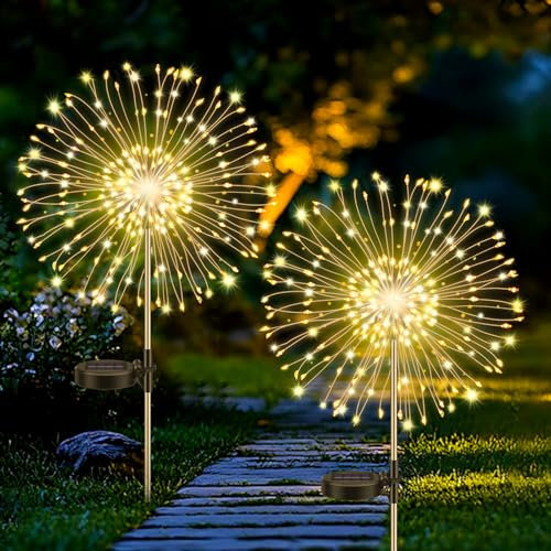 Luci Solari Giardino Esterno, Fuochi d'artificio Solari 150LEDs, 8 Modalità, IP65 Impermeabile Dandelion Luci Solari per Patio Balcone Sentiero Prato Matrimonio Decorative, Bianco Caldo, 2 Pezzi