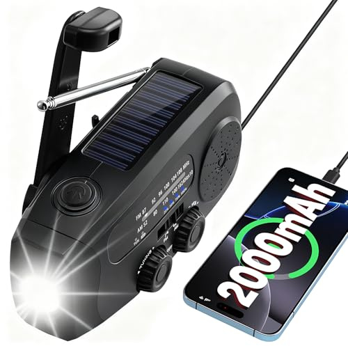 Wind Up Radio Solar, Battery, Torch, Phone Charger 2000mAh Survival Equipment, Emergency Hand Crank AM/FM Weather/Live Radio, Power Bank Rechargeable, SOS Alarm, for Household and Outdoor Camping