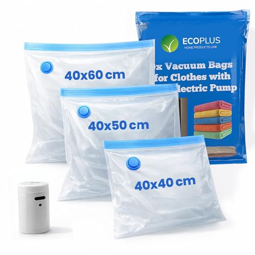 Sacchetti Sottovuoto Vestiti con Pompa Elettrica USB da Viaggio – 9 Buste Sottovuoto Vestiti Riutilizzabili (40x40, 40x50, 40x60 cm) – Sacchi Salvaspazio per Valigia, Armadio e Cambio Stagione