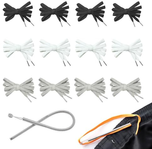Xanthelle Cordón para Pantalones Deportivos, 12 Unidades Cordón con Extremos y Topes, Cordón Plano de Repuesto para Sudaderas, Pantalones y Chaquetas en Negro Blanco Gris