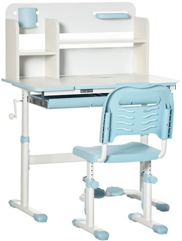 HOMCOM Set Scrivania e Sedia per Bambini Regolabili, Tavolo per Bambini Inclinabile a 60° con Cassetto, Ripiani e Portapenne, Età 3+ Anni, Blu