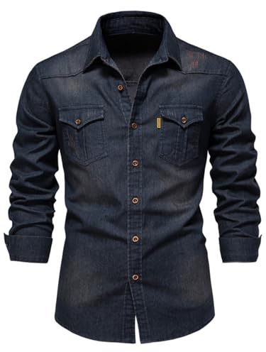 PADOLA Chemise Jeans Homme Manches Longues Slim Fit Boutonnée Chemises avec Poches élégant Denim Surchemise Vintage Chemise Cowboy Western Cargo Chemises Travail Décontractée (Bleu Marine, L)