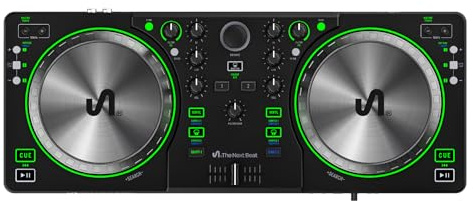 The Next Beat by Tiesto SX1 DJ Controller with Audio Mixer, Auto Sync & Dual Headphone Output – Portable DJ Decks with Jog Wheels, USB-C, VirtualDJ LE Software & Online Lessons for Beginners to Pro-Am