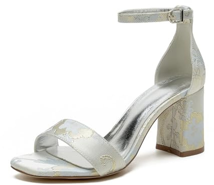 EICOFF Scarpe décolleté Donna con Tacco con Cinturino Regolabile Sandali Eleganti con Tacco a Blocco Punta Aperta Scarpe per Feste Matrimoni Casual,Argento,38 EU