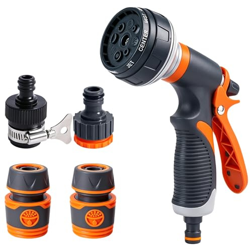 Doccetta da giardino regolabile a 8/10 posizioni – pistola a spruzzo con ugello, funzionamento con una sola mano per irrigazione, prato, lavaggio auto, bagno degli animali domestici e pulizia del