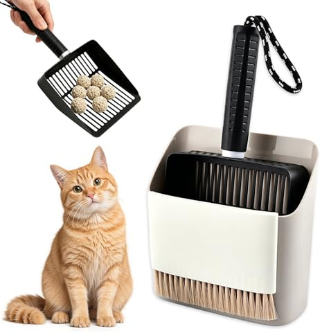 VETOLAKA Pala para arena para gatos, juego de 3 piezas con recipiente y escoba de limpieza, pala de metal de acero inoxidable para gatos, pala para gatos con función de filtro, para limpieza de arena