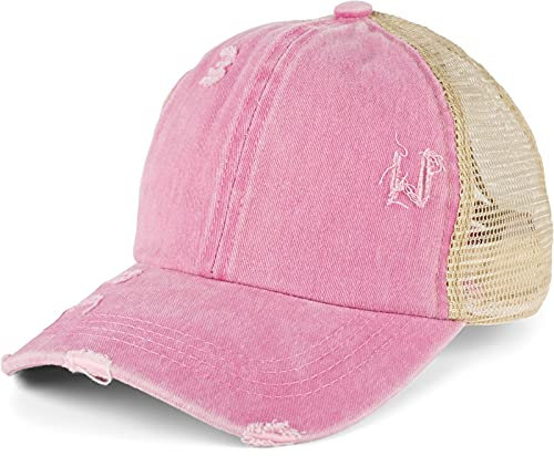 styleBREAKER Damen Baseball Cap im Washed Used Look mit Mesh Einsatz | Ponytail Cap für hohen Zopf | Verstellbare 6-Panel Schildkappe für Sommer und Freizeit, Farbe:Rosa