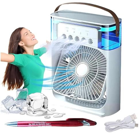 SANDALFON Acondicionador aire luz 7 colores Además incluye un Bolígrafo personalizado pantallas táctiles Ventilador Refrigeración humidificador 5 pulverizadores y 3 velocid USB uso hogar, oficina o do