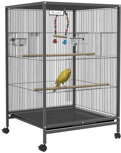 PawHut Gabbia per Uccelli in Acciaio e Plastica PP con 5 Porte, 2 Posatoi, Altalena e Vassoio Estraibile, 48x46x78 cm, Grigio