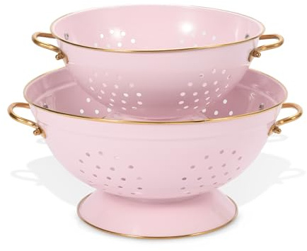 Metal Colander Set of 2, Strainer Basket with Handles 3.5 & 5 Qt Powder Coated Self-draining Solid Ring Base Metal Large Kitchen Colander Bowel for Pasta Vegetable Fruit (PINK)