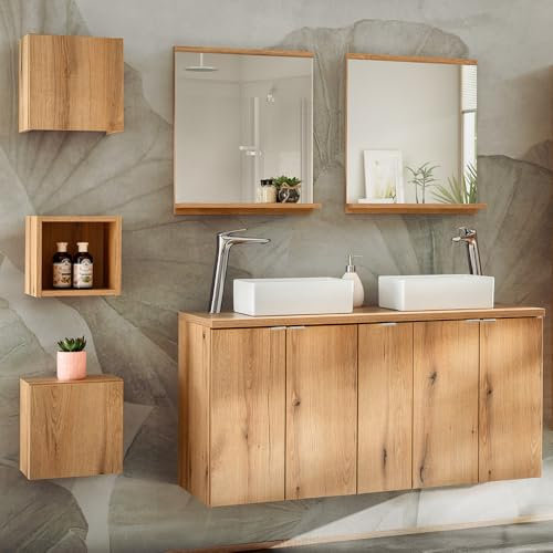 Lomadox Set di mobili da bagno, 6 pezzi, doppio lavabo, 140 cm, in rovere, profondità ridotta (40 cm)
