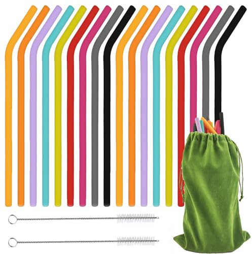 ZYNERY 18 Pezzi Cannuccia Riutilizzabile Silicone Colorate Cannuccia Silicone Bambini Adulto con 2 Spazzole 1 Borsa Portaoggetti 22cm Reusable Straw Ecologico Senza BPA per Frullati, Caffè Caldo