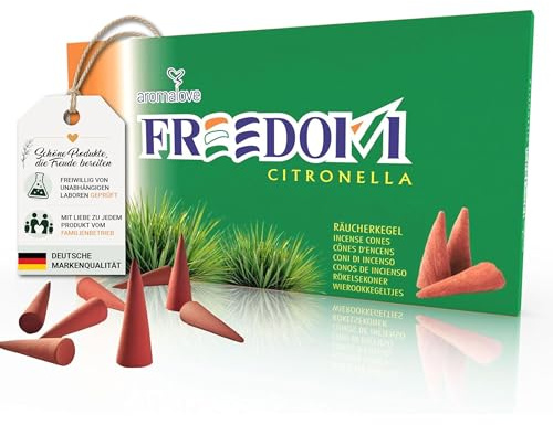 Aromalove Conos de incienso XXL Freedom Citronella – 50 unidades, aroma de larga duración, ambiente relajante, perfecto para barbacoas, jardín, festivales