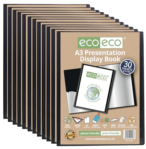 eco-eco Präsentationsbuch, A3-Format, 50% recycelt, 30 Taschen, schwarz, Präsentationsmappe, Portfolio, Kunstordner mit Kunststoffhüllen, 12 Stück, eco198 x 12
