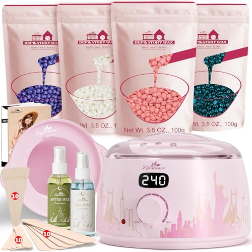 Lifestance Waxing Kit for Women & Men - L3 Blush Metropolis Digital Warmer, Silicone Wax Pot Liner, Hair Removal with 14.1oz Hard Wax Beads & Oil Spray, Professional for Home Brazilian Bikini Face Leg