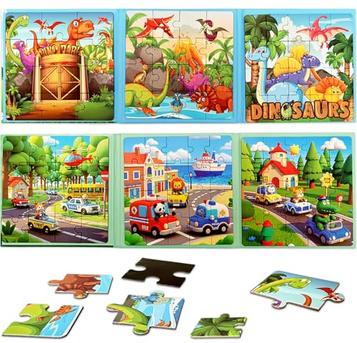 Gdbykds 2 Stycken Magnetiska Pussel Spel för Barn 3-6 år Gammal - Dinosaurie och Trafik Pussel, Småbarn Resa Leksaker på Flygplan och Bilar, Pussel Barn Förbättra Intellektuell Utbildning Leksake