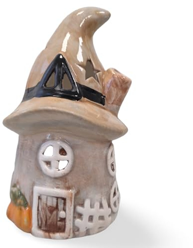 Casa de velas de té de dolomita, decoración otoñal, 14 cm de alto, decoración otoñal con calabaza y sombrero de bruja Logbuch-Verlag