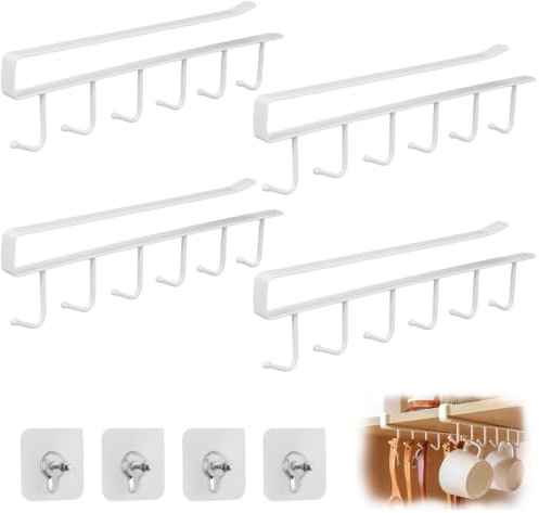 Dexpally 4 Stück Tassenhalter Schrank Tassen Aufhängung Ohne Bohren, Tassenhalter Regal Schrankeinsatz Weingläser Hakenhalter für Tassen, Becher, Weingläser(Weiß)