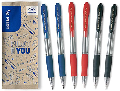 PILOT Super Grip, kulspetspenna, set om 6 i M (blå, svart, röd)