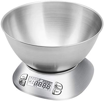 Digital Kitchen Scale with Removable Bowl 2.5L Volume, Electronic Stainless Steel Food Scale for Cooking Baking, Room Temperature, Alarm Timer, 12lb 5.5kg, Batteries Included