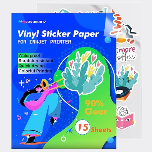 15 feuilles de vinyle imprimable transparent A4 pour imprimante à jet d'encre – Papier autocollant 85% transparent, papier autocollant et hydrofuge