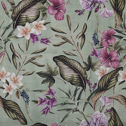 Kt KILOtela - Tessuto Canvas Cotone Stampato Digitale, Rivestire, Foderare, Divani, Tavolo, Sedia, Tende, Cuscini, Borse, 100 cm Lunghezza x 280 cm Altezza, Fiori Nacare, Verde, Lilla - 1 Metro
