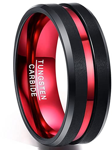 NUNCAD Men's Black Tungsten Carbide Engagement Band Ring Polished Finish Red Center Groove Polished Beveled Edges Size 10.5