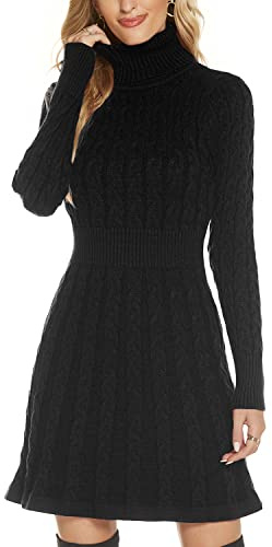QUNERY Vestito Donna Invernale Elegante,Abito in Maglia Manica Lunga Collo Alto per Autunno,Vestiti Maglione Elasticizzato Casual B-Nero-A Line XL