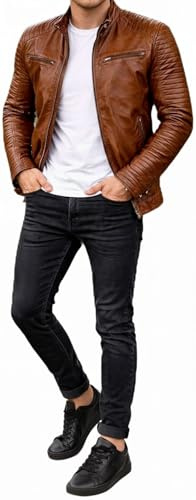FAPA Veste en Cuir à Manches Longues - Élégante Pour Motard avec Col Montant - Mi-Saison en Cuir Véritable - 3 Couleurs