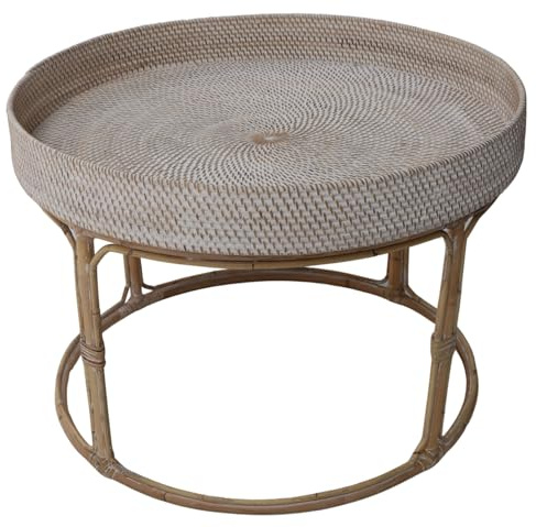 GURU SHOP flätat runt soffbord, sidobord, soffbord, rottingbord i 3 storlekar – vitt, balsaträ, storlek: D 50 cm H 27 cm, soffbord och golvbord