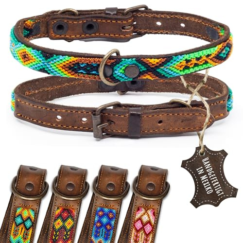 ALTEZAR hundhalsband i läder – Dubbelt tribalt broderat Grön Brun – Högkvalitativt bearbetat hundhalsband i läder – Handgjort i Mexiko – Storlek XS – Hundhalsband för mycket små hundar Läder Bredt