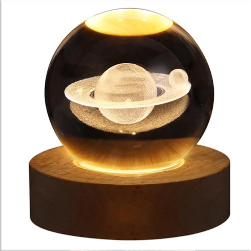 Excerando Glaskugel Lampe - 3D Saturn Lampe Kristallkugel Glaskugel Deko Mit Buntem LED-Licht und Holzsockel, Led Deko Licht Stimmungslampe für Deko Wohnzimmer und Deko Schlafzimmer