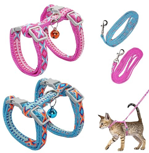 Set di 2 imbracature regolabili per gatti, in nylon, imbracatura con guinzaglio per gattini, gattini, animali domestici, pettorina per gatti con guinzaglio, a prova di rottura (azzurro e rosa)