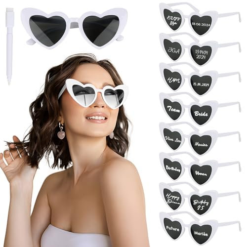 BOOMTOP 8 Stück Herz Sonnenbrille Weiß Herz Brillen Hochzeit JGA Brille Damen Vintage Hippie Brillen Personalisiert Lustige Partybrille mit Stift Junggesellenschied Deko für Karneval Mottoparty