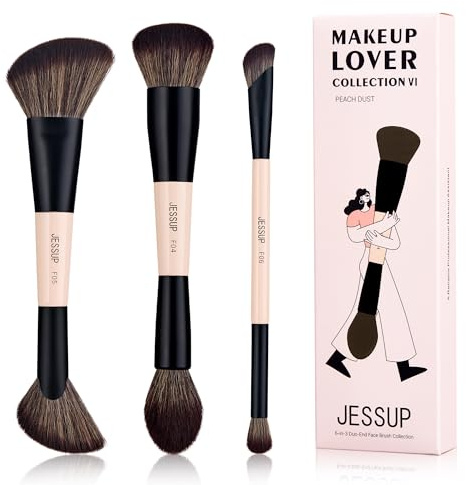 Jessup Brochas de Maquillaje Facial, 3pcs Juego Brochas Maquillaje Doble Punta para Base, Contorno, Rubor, Resaltador y Polvo,Sintéticas de Pinceles Maquillaje Facial, Peach Dust T508