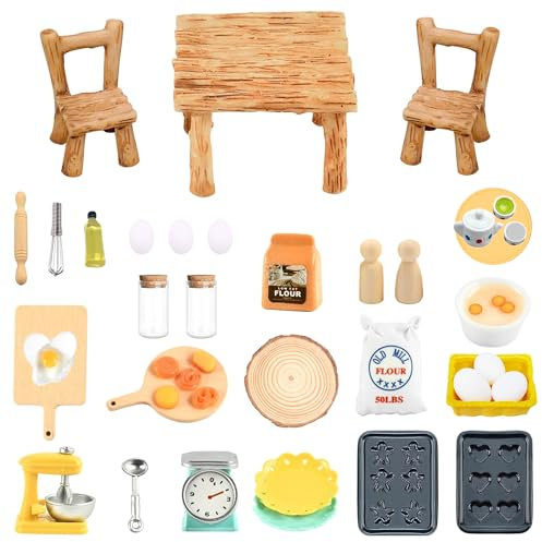 Wichtel Zubehör Weihnachten, Puppenhaus Zubehör Weihnachten, Miniatur Wichtel Tisch und Stühle, Küche Backset Zubehör Puppenhaus Möbel Miniatur Tisch Stühle, Ideal Backen Wichtel Zubehör Weihnachten