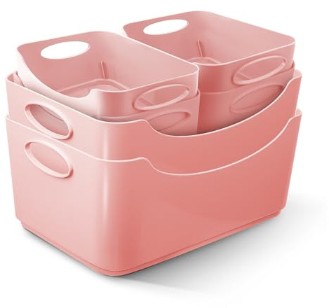 KEPLIN 6 Pack Plastic Storage Baskets with Handles, 33.3x23.4x14 cm BPA-Free Dishwasher Safe Organiser Boxes for Kitchen, Bathroom, Pantry, Shelves & Drawers, Lightweight Space-Saving Containers