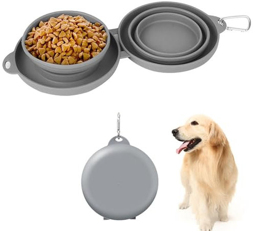 Comedero plegable para perros, comedero portátil para perros, cuenco plegable con estuche de viaje, doble para perros, cuenco de viaje para perros con mosquetón, doble cuenco de viaje para perros para
