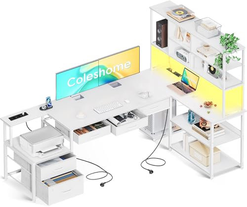 Coleshome Eckschreibtisch mit 5 Schubladen & 4 Regalen, Schreibtisch L-Form mit LED, Steckdosen & USB, großer Schreibtisch für Homeoffice, Weiß, 180×100cm