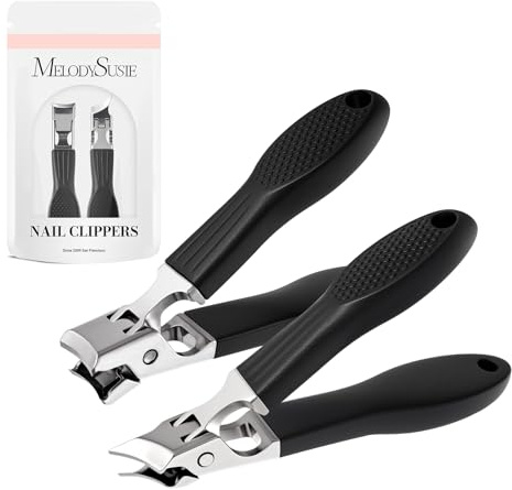 MelodySusie Wide Jaw Opening Nail Clippers Set, 2 pcs Toenail Clippers for Seniors Thick Nails, Anti-Splash Curved and Slanted Nail Clippers for Men Women, Fingernail Cutter with Catcher, Black