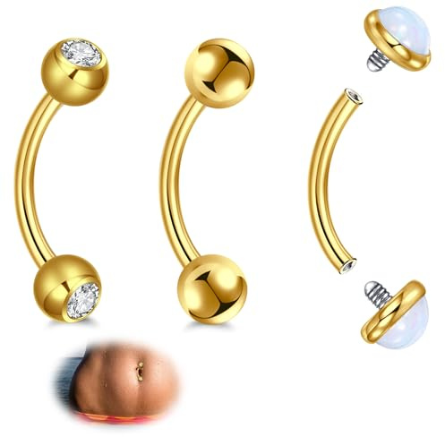 AVYRING 3 pezzi barrette per ombelico 14G in acciaio inox da donna, gioielli per piercing all'ombelico con cristallo e opale, oro/argento, lunghezza della barretta: 6 mm/8 mm/10 mm/12 mm