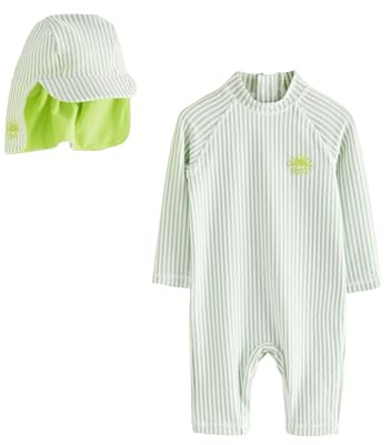 NEXT Ragazzo Completo Anti-UV con Costume da Bagno e Cappello Green Stripe 12 Mesi-18 Mesi