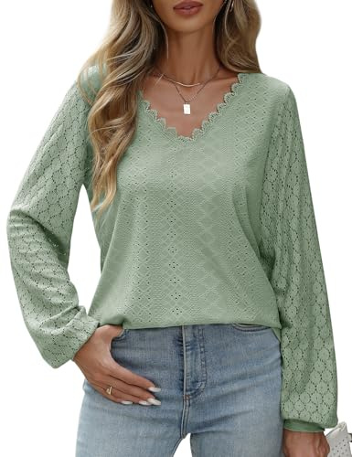 CMTOP Chemisier Femme Chemise Manche Longue en Dentelle Blouse Col en V Haut Chic et Elégant Tops Chemisiers Florale Festonnée Tunique Casual Amples