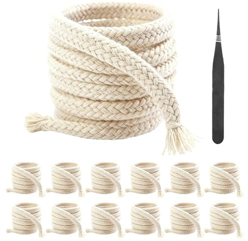 12 Pcs Mèche pour Lampe à Huile, 6 mm x 1 m Mèche de Lampe à Huile Ronde en Coton Tressé pour Fabrication de Bougies, Lampes Torches à Huiles de Jardin, avec Pince à épiler