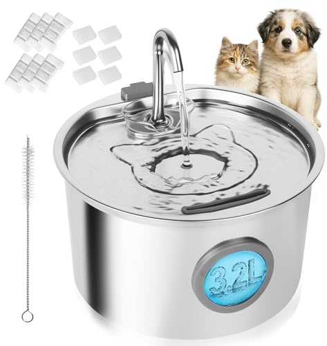 Katzenbrunnen Edelstahl: 3,2 L, Ultraleise Trinkbrunnen Für Katze -Trinktiger Katzenbrunnen Mit 6 Filterkartuschen, 6 Filterpads Und USB-LadegeräT, SpüLmaschinenfest, Mit Wasserstandsanzeige